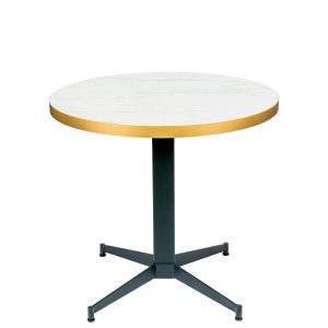 Mesa Irlanda tablero melamina marmol bianco canto dorado redondo