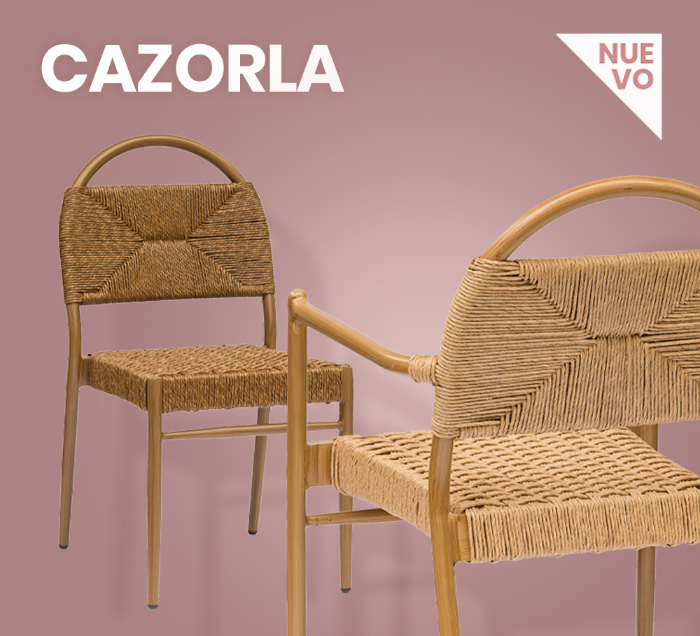 nuevo sillón y silla contract para hostelería modelo Cazorla en aluminio y rope