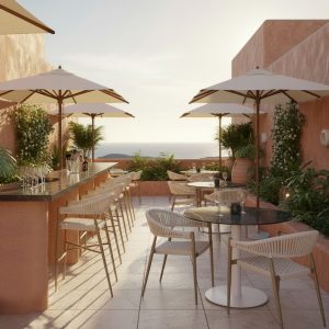 sillón y banqueta para hostelería Osaka Premium en cuerda blanco natural